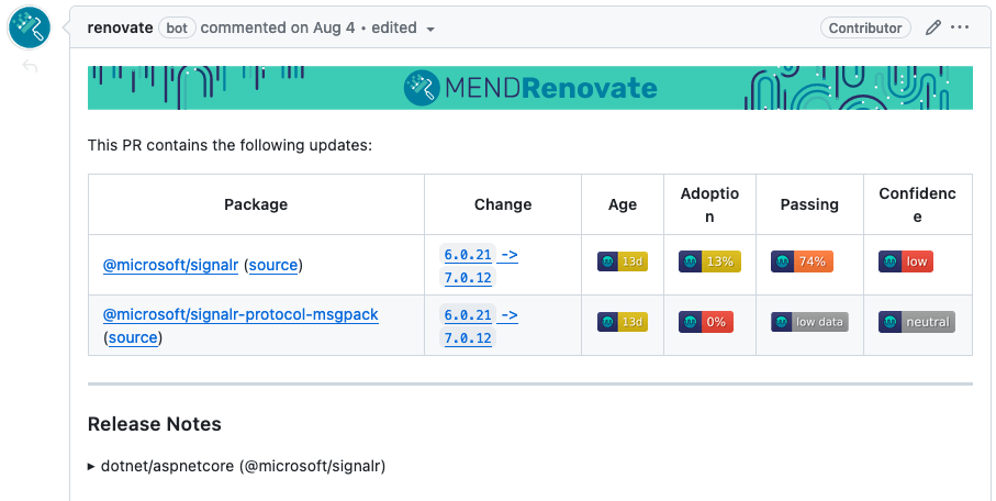 Screenshot of a Renovate PR